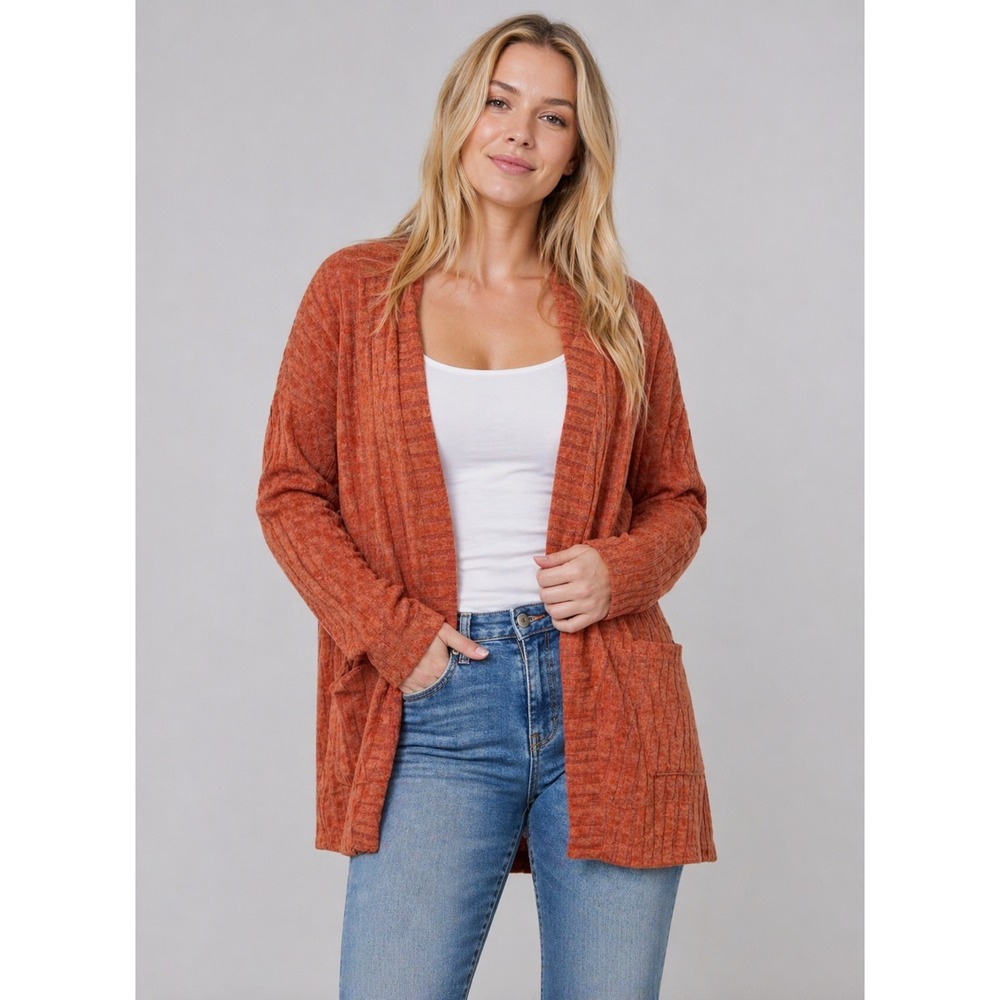 Chiclily Cardigan XL NWT Rust Ribbed Open Front Cozy Boho Layering Knit Sweater